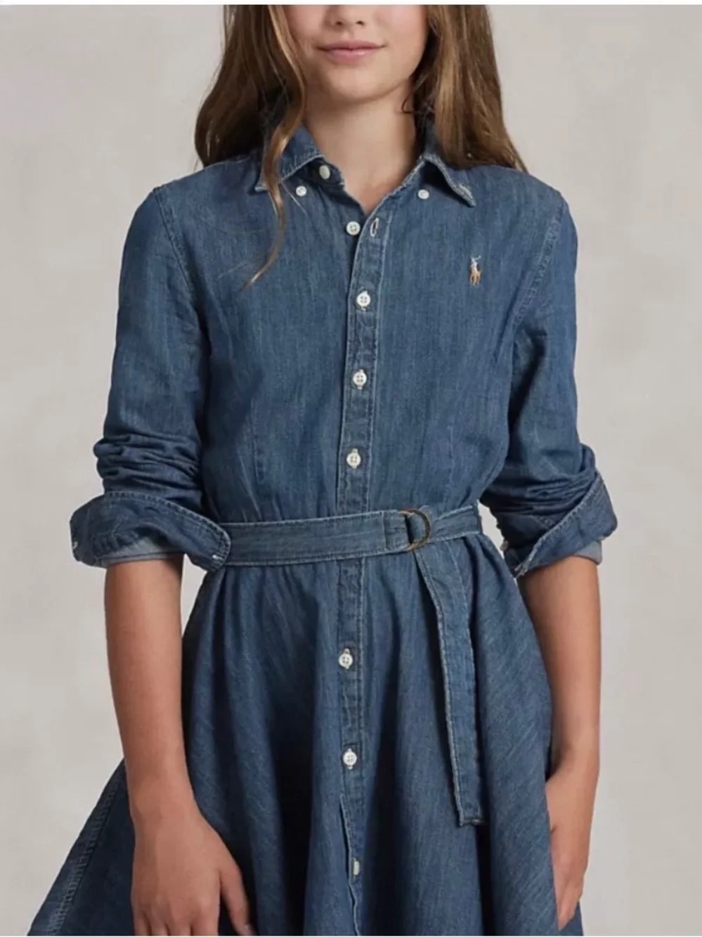Ralph Lauren Belted Cotton Denim Button Down Shirt Dress Girls Youth size 7